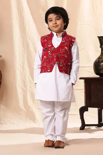 Red Floral Print Jacket With White Kurta Set