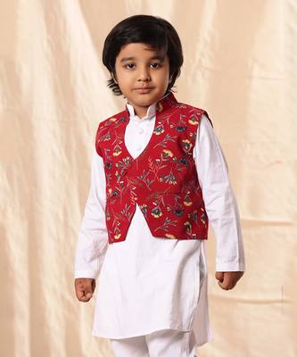 Red Floral Print Jacket With White Kurta Set 3