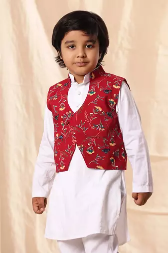 Red Floral Print Jacket With White Kurta Set