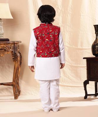 Red Floral Print Jacket With White Kurta Set 4