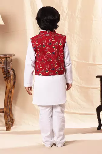 Red Floral Print Jacket With White Kurta Set