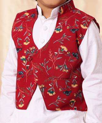 Red Floral Print Jacket With White Kurta Set 5