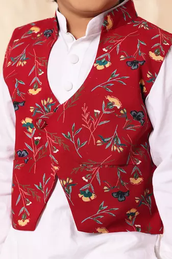 Red Floral Print Jacket With White Kurta Set