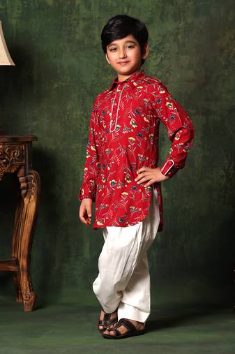 Red Floral Print Paithani Kurta With Salwar
