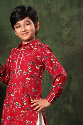 Red Floral Print Paithani Kurta With Salwar