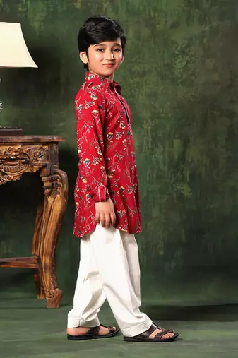 Red Floral Print Paithani Kurta With Salwar