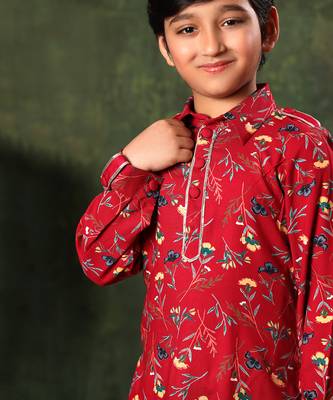 Red Floral Print Paithani Kurta With Salwar 5