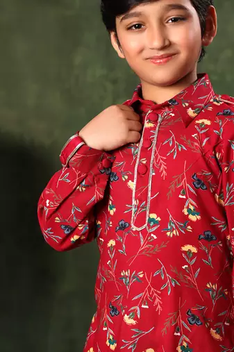 Red Floral Print Paithani Kurta With Salwar