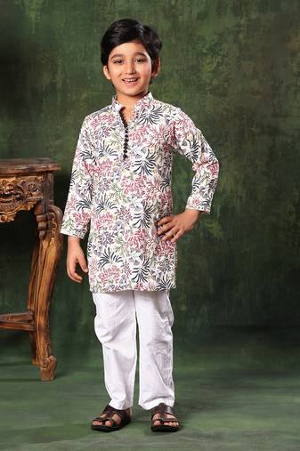 White Floral Print Kurta With Pyjama Set