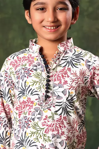 White Floral Print Kurta With Pyjama Set