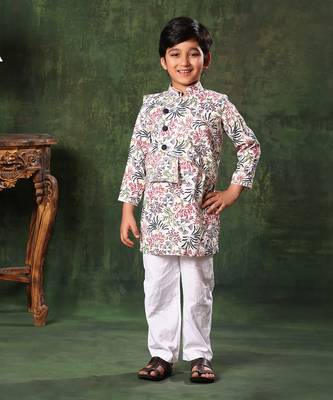 White Floral Printed Jacket With Kurta Set 1