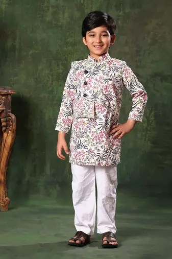 White Floral Printed Jacket With Kurta Set