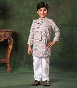 White Floral Printed Jacket With Kurta Set
