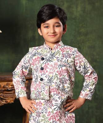 White Floral Printed Jacket With Kurta Set 2