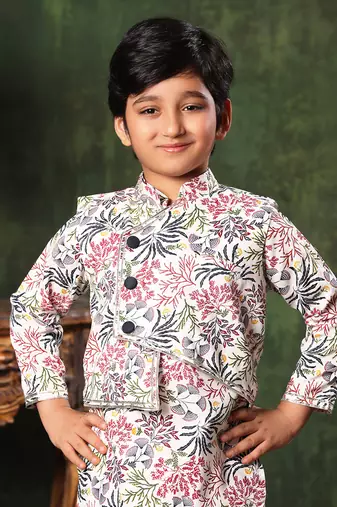 White Floral Printed Jacket With Kurta Set