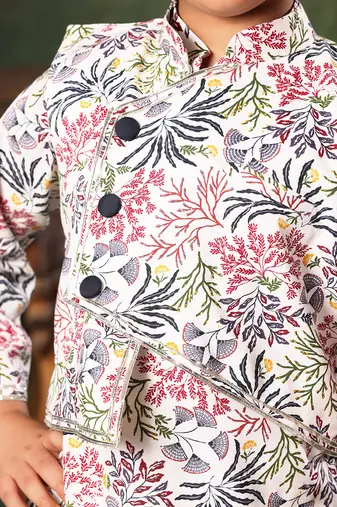 White Floral Printed Jacket With Kurta Set