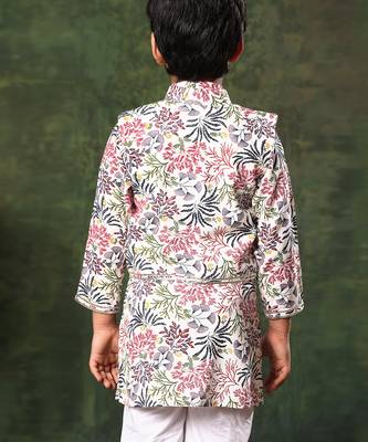 White Floral Printed Jacket With Kurta Set 4