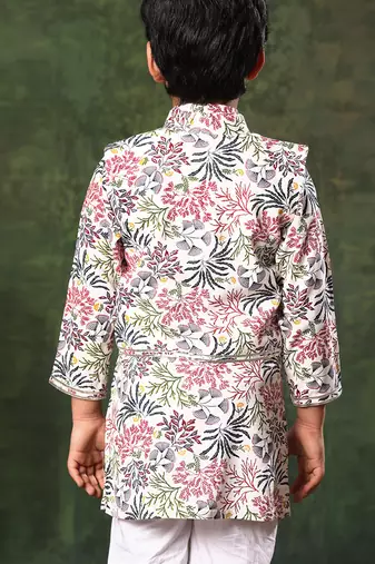 White Floral Printed Jacket With Kurta Set
