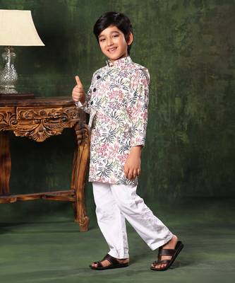 White Floral Printed Jacket With Kurta Set 5