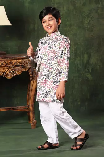 White Floral Printed Jacket With Kurta Set