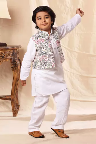 White Floral Print Jacket With White Kurta Co-Ord Set