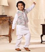 White Floral Print Jacket With White Kurta Co-Ord Set