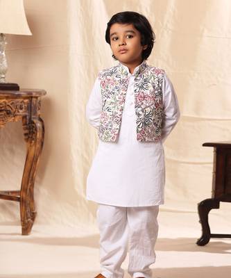 White Floral Print Jacket With White Kurta Co-Ord Set 1