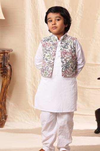 White Floral Print Jacket With White Kurta Co-Ord Set
