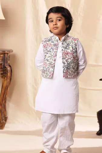White Floral Print Jacket With White Kurta Co-Ord Set