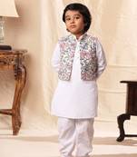 White Floral Print Jacket With White Kurta Co-Ord Set