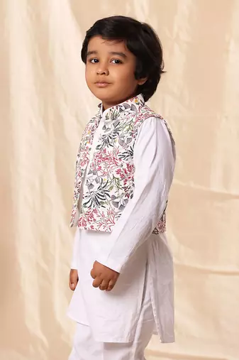 White Floral Print Jacket With White Kurta Co-Ord Set