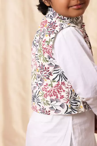 White Floral Print Jacket With White Kurta Co-Ord Set