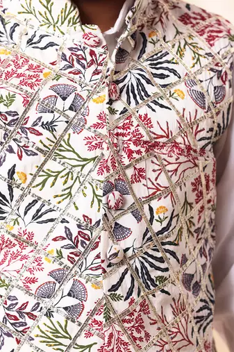 White Floral Print Jacket With White Kurta Co-Ord Set