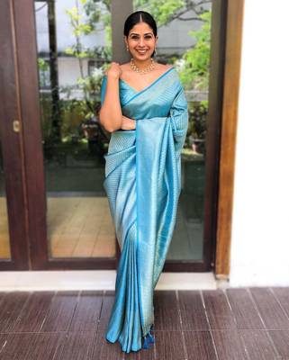 Sky Blue Woven Art Silk Saree With Blouse Piece 1