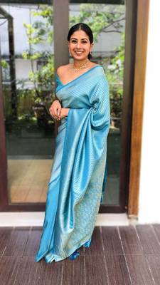 Sky Blue Woven Art Silk Saree With Blouse Piece 2