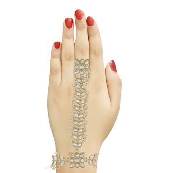 Gold Plated Embellish With Kundan & Pearl Adjustable Haath Phool/Panja Bracelet  2
