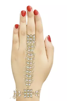 Gold Plated Embellish With Kundan & Pearl Adjustable Haath Phool/Panja Bracelet 