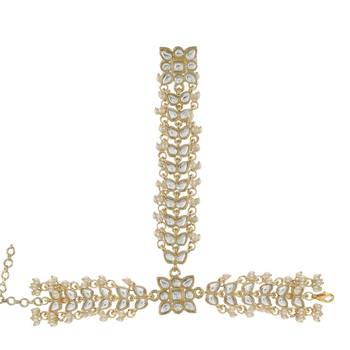 Gold Plated Embellish With Kundan & Pearl Adjustable Haath Phool/Panja Bracelet  3