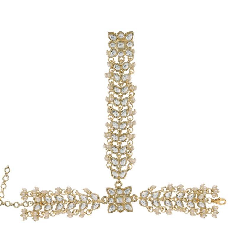 Gold Plated Embellish With Kundan & Pearl Adjustable Haath Phool/Panja Bracelet 