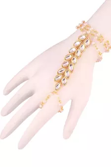 White Kundan And Pearl Hath Phool Ring Bracelet For Women