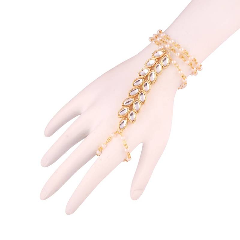 White Kundan And Pearl Hath Phool Ring Bracelet For Women