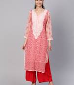 Ada Hand Embroidered Peach Georgette Lucknowi Chikankari Indian Women Kurta with Slip - A100378