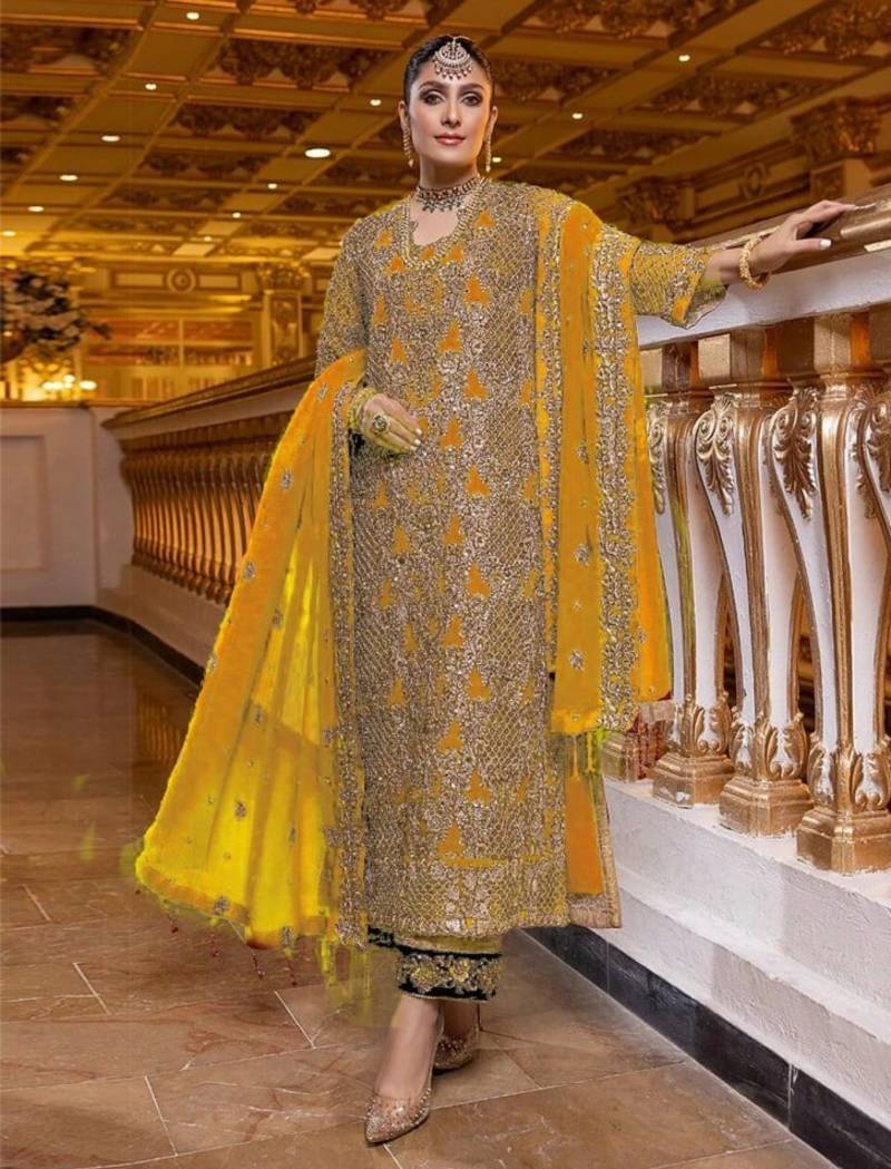 Yellow Fox Georgette With Coding Sequence Embroidery+ Work With Stone ...