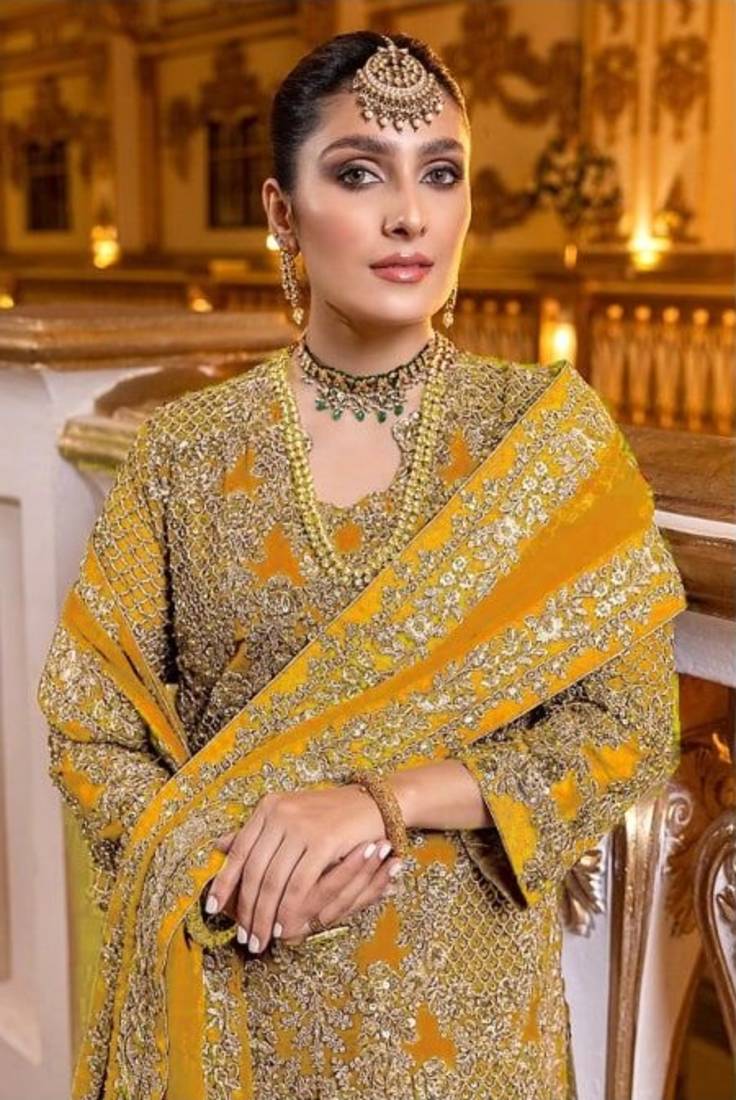 Yellow Fox Georgette With Coding Sequence Embroidery+ Work With Stone ...