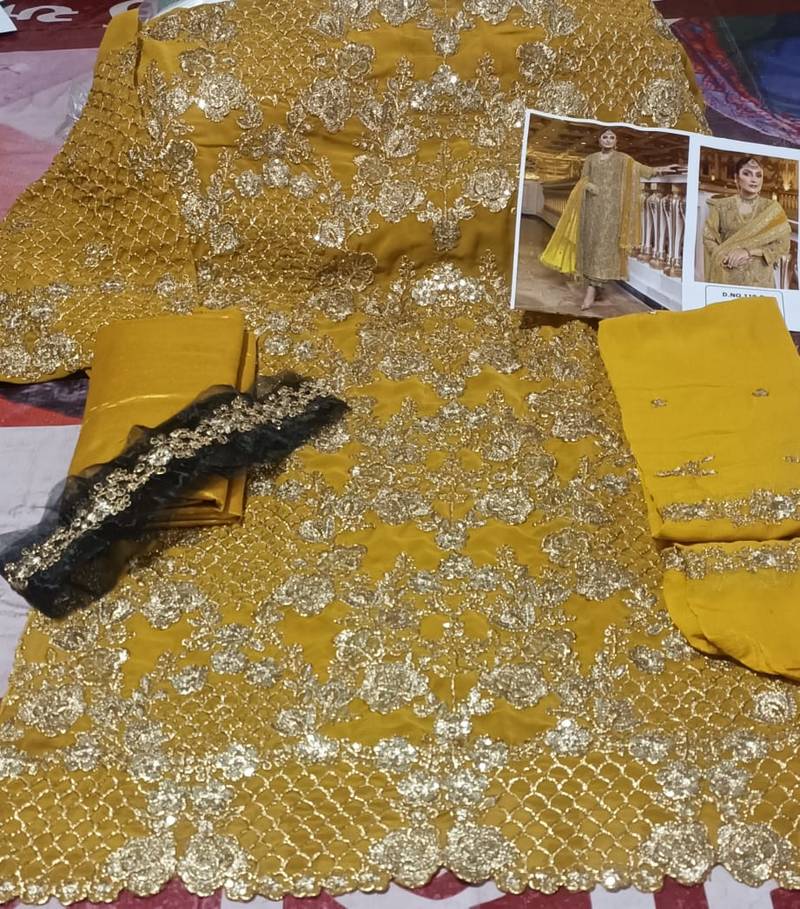 Yellow Fox Georgette With Coding Sequence Embroidery+ Work With Stone ...