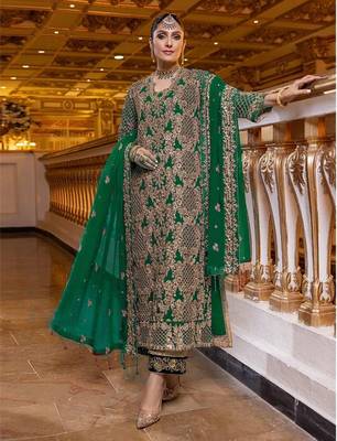Green Fox Georgette With Coding Sequence Embroidery+ Work With Stone Work Salwar Kameez 1