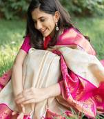 Closet Mix Off-White And Pink Silk Blend Saree With Blouse