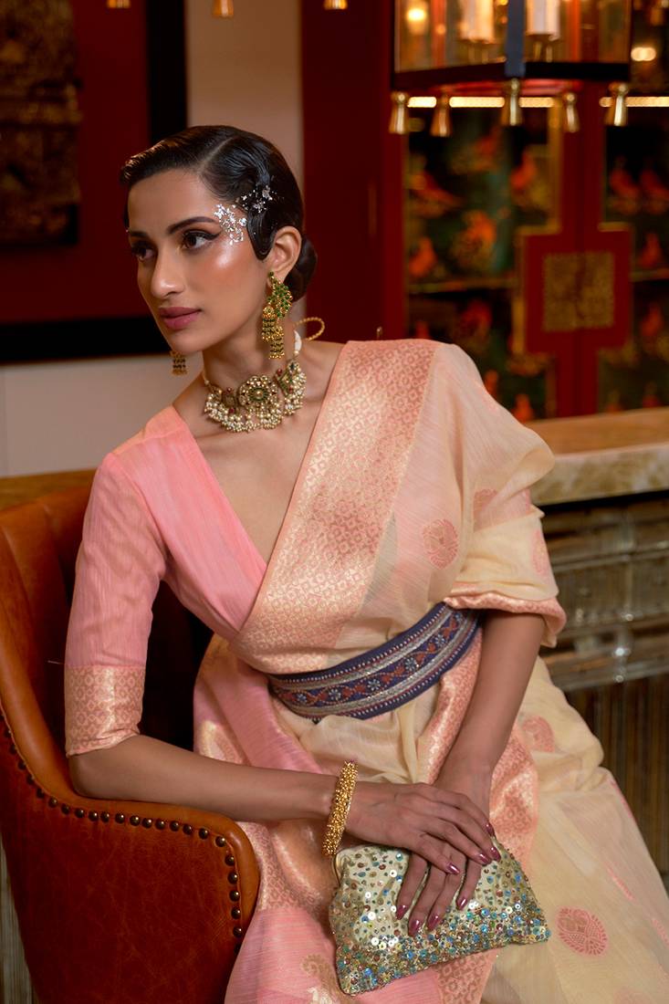 Baby Pink  Fancy  Linen Weaving Saree With Blouse