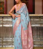 Peach And Sky Blue   Fancy  Linen Weaving Saree With Blouse