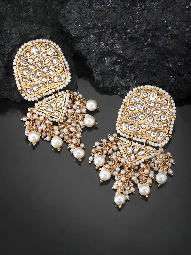 Kundan Pearl & Beades Studded Dangle Earrings for Women 